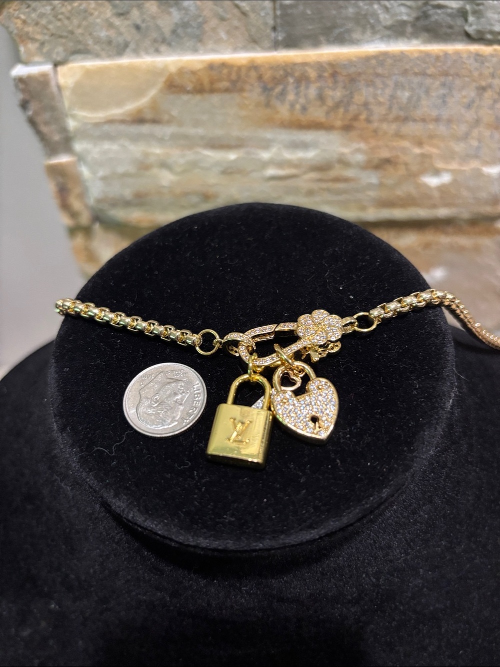 Stunning Gold Tone LV Padlock & Heart Charm Necklace with Crystal Accents - Picture 6 of 6